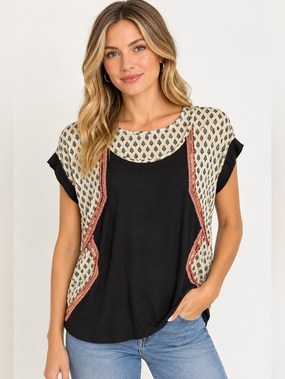 Kemi + Kin Printed Embellished Tunic in Black & Cream Size Medium